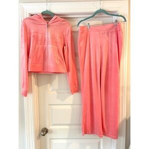 Juicy Couture Velour Tracksuit Set Coral Pink Hoodie Pants Rhinestone Logo XL